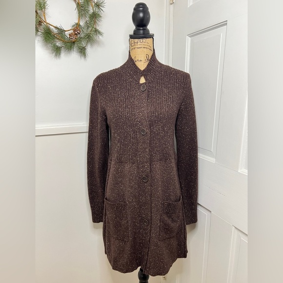 Eileen Fisher Brown Speckled Knit Wool Angora Silk Blend Duster Cardigan Sweater - Picture 1 of 10